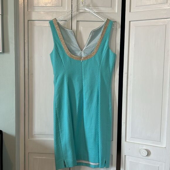 Lilly Pulitzer Janice Shift Dress in Turquoise with Gold Accents - Size 4 - Picture 4 of 9